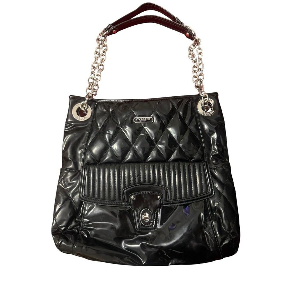 Coach Black Patent Quilted Chain Shoulder Tote Bag Pink Lining Y2K